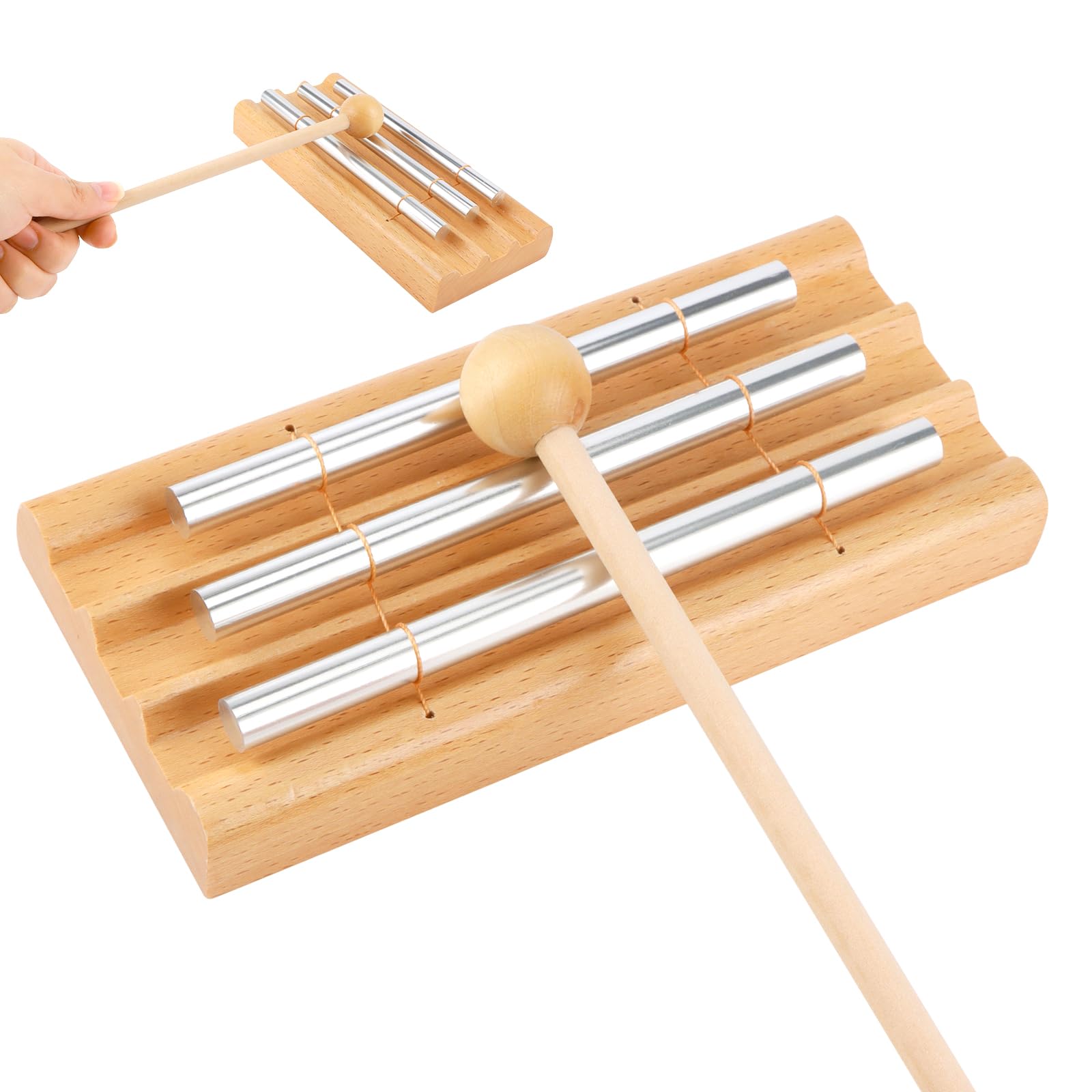 3 Tonos y Campanilla de Madera - Kit Completo de Percusión con Mazo para Educación Musical Temprana, Meditación Relajante y Uso en Aulas - para Profesores, Niños y Terapeutas
