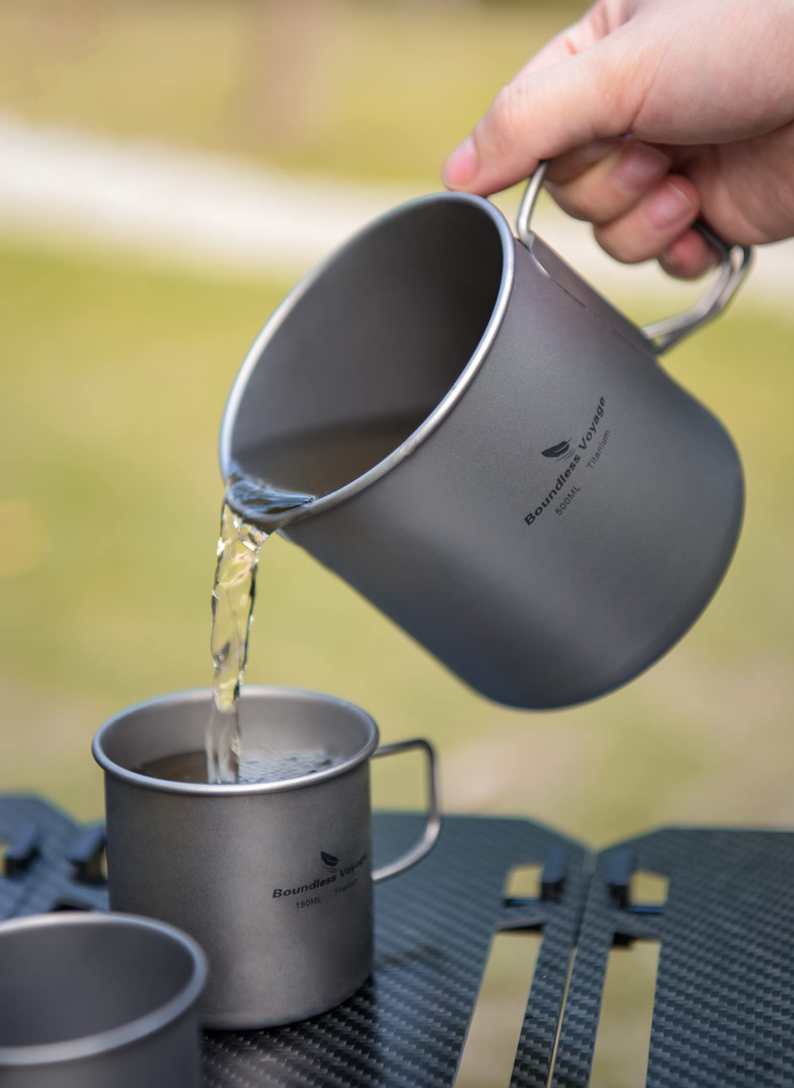 iBasingo Tytanowy kubek 500 ml z filtrem 120 ml i 180 ml zestaw lekkich kempingowych naczyń do picia przenośny metalowy ekspres do kawy na świeżym powietrzu podróż piknik wędrówki z plecakiem ogród