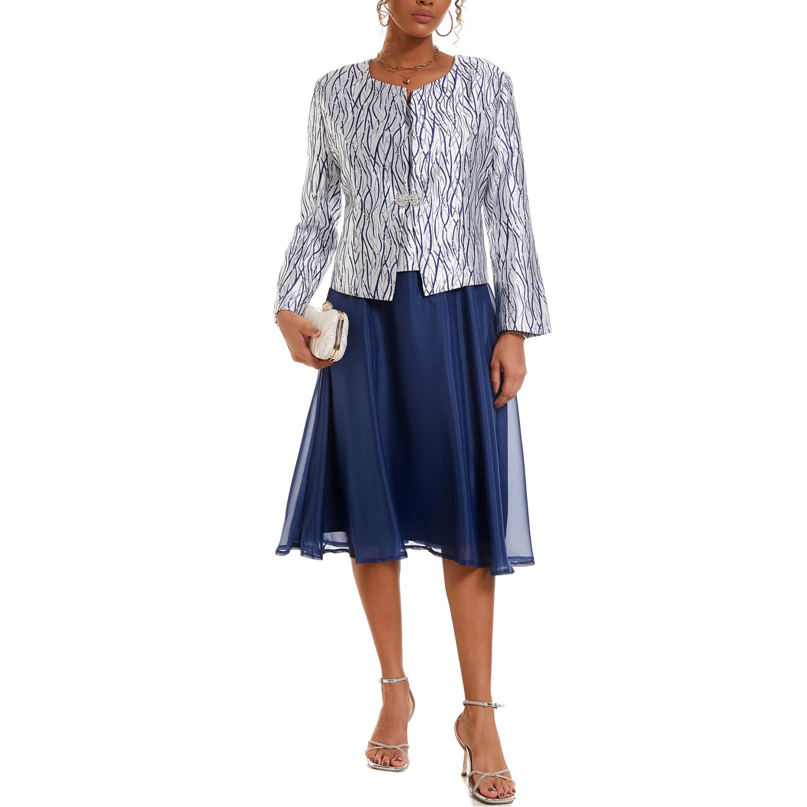 Women's 2 Piece Church Suit - Elegant Jacquard Embroidery Jacket & Dress Set For Formal Occasions