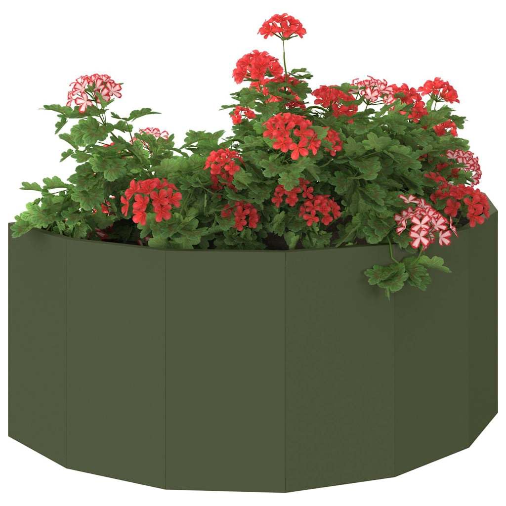 Donica Zielony oliwkowy 90x45x35 cm Stal półokrągła nowoczesna donica ogrodowa na taras patio balkon wytrzymała stalowa skrzynia na kwiaty łatwy montaż