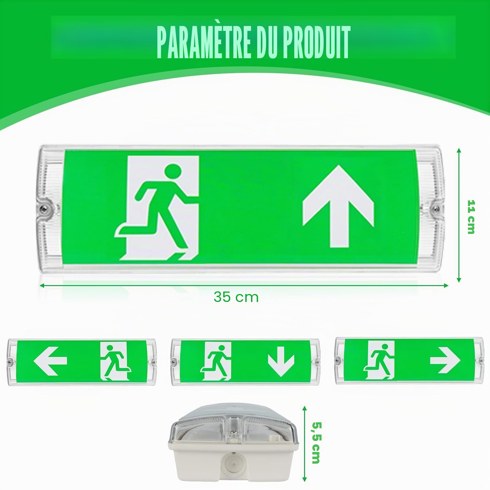 Éclairage de secours à LED, éclairage de sortie de secours à LED, éclairage de sortie de secours étanche IP65 avec batterie de secours, panneau de sortie de secours éclairé 3H, 4 pictogrammes