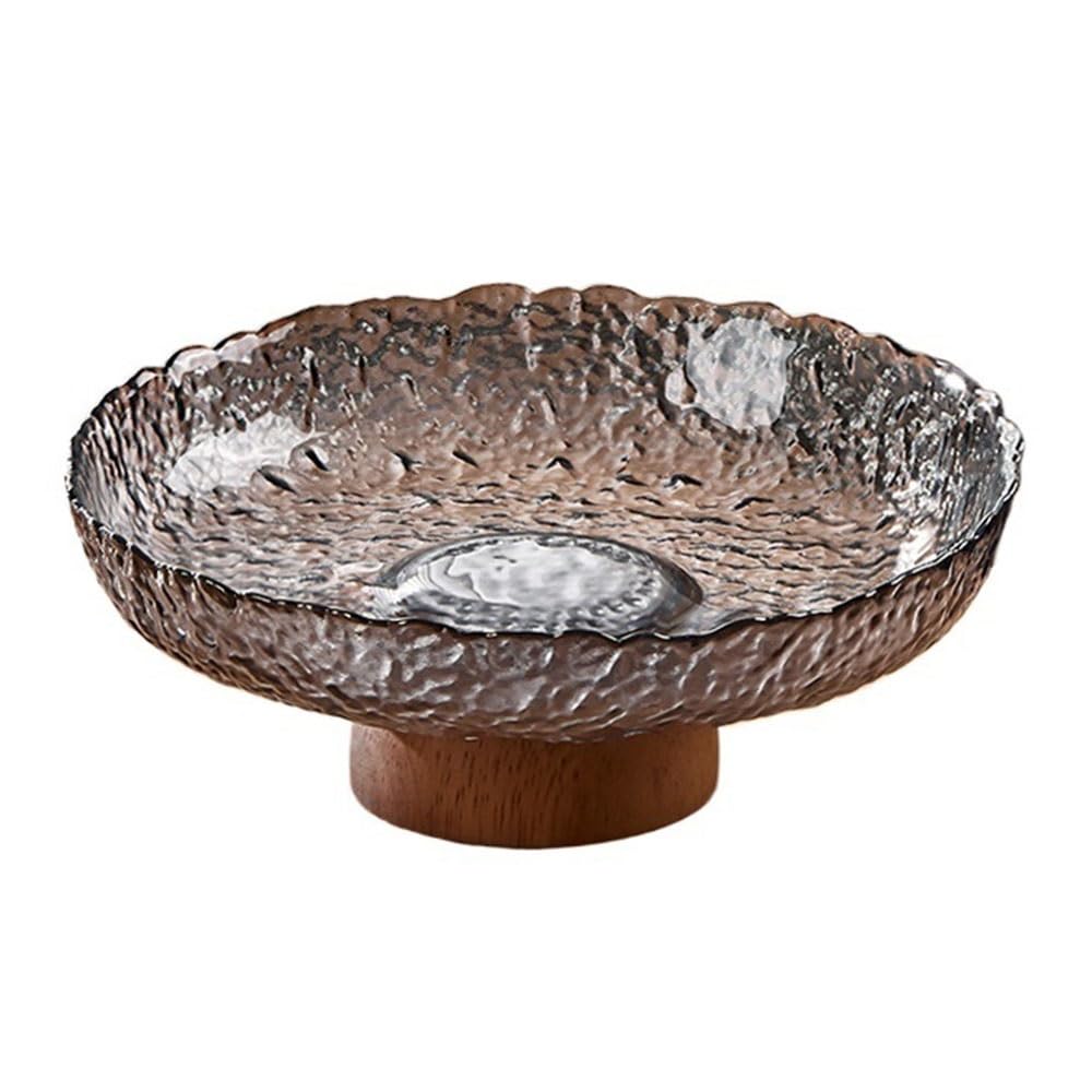 IROEJT Countertop Fruit Bowl Textured Glass Fruit Bowl With Wooden Base Decorative Serving Dish For Fruits Snacks Tableware Fruit Basket Bowl，Gris Small