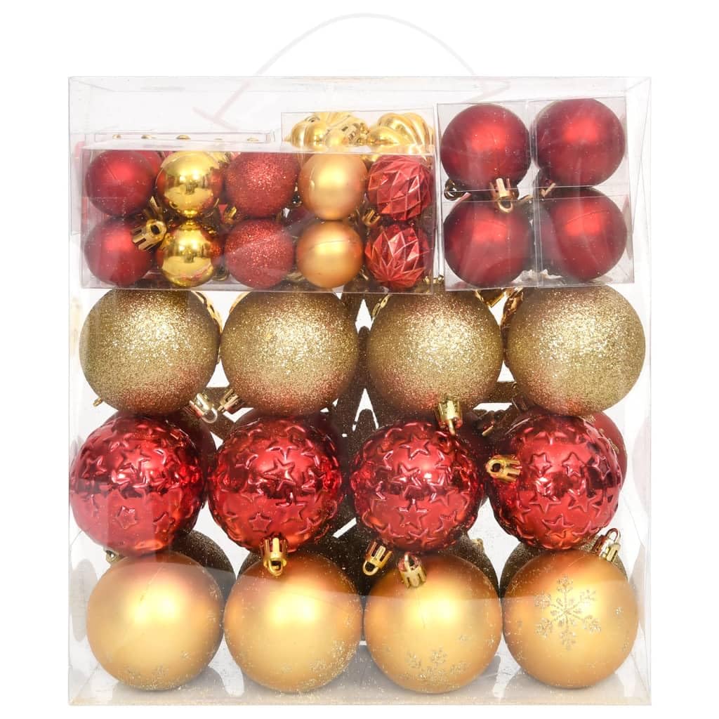Juego de 70 bolas de Navidad de plástico, color dorado y rojo, diferentes tamaños y formas, incluye caja de almacenamiento para adornos de árbol de Navidad