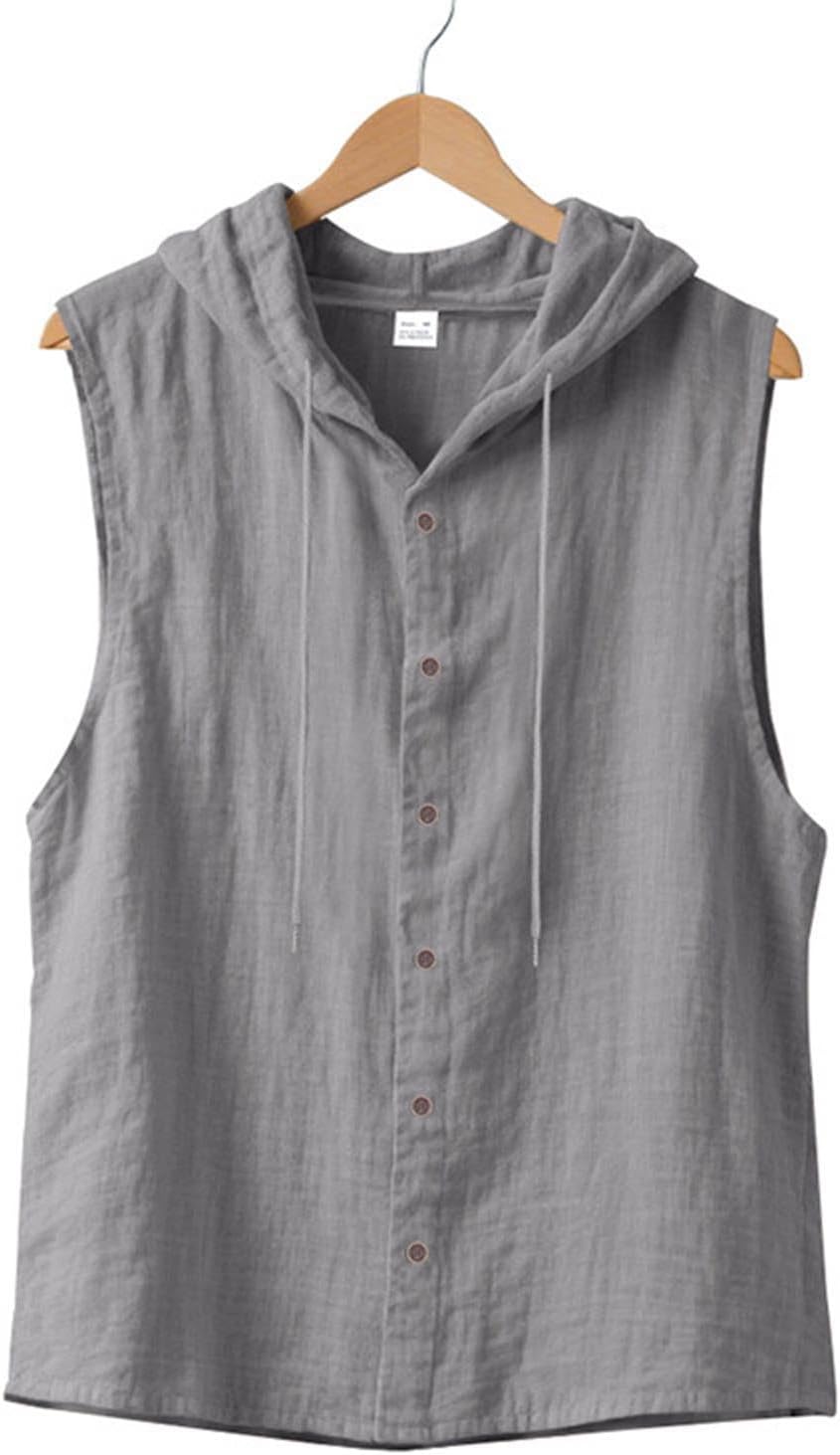 Men's Linen Tank Top Sleeveless Hoodies Shirts Button Down Cardigan Shirt Casual Loose Fit Summer Beach Shirt