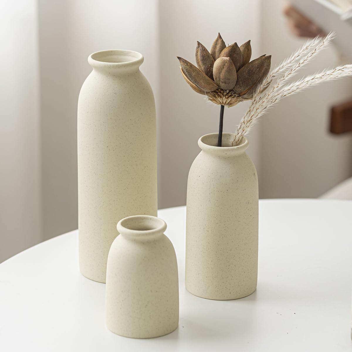 Set di 3 vasi di fiori in ceramica, per decorazioni, arancione, giallo, bianco (Beige Middle Size)