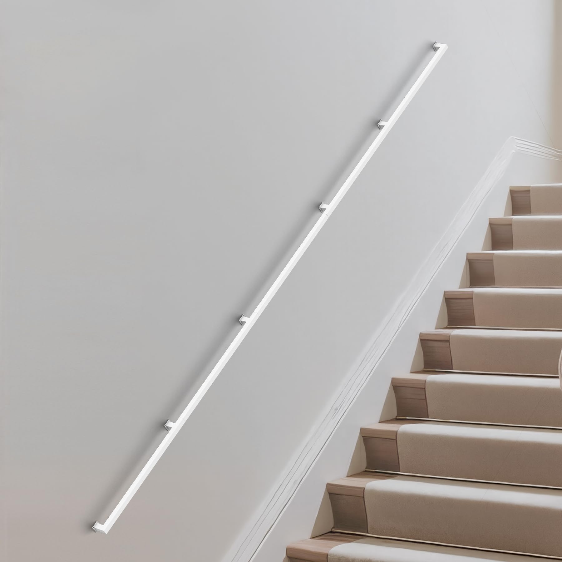 400CM Square Tube Handrail,Wall Mount Staircase Handrail Modern Pipe Stair Industrial Stair Rail for Indoor Outdoor Steps,440lbs Load,Carbon Steel Non-Slip Grab Handle for Loft Porch 5 Sections — image 1