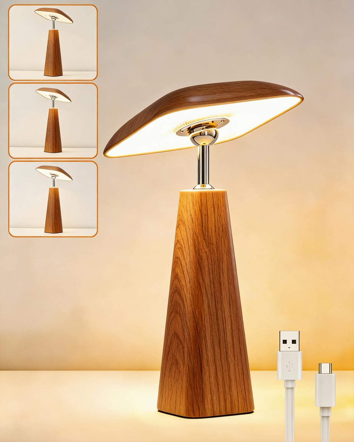 Rechargeable Table Lamp, Magnetic Touch Mushroom Bedside Light Grey