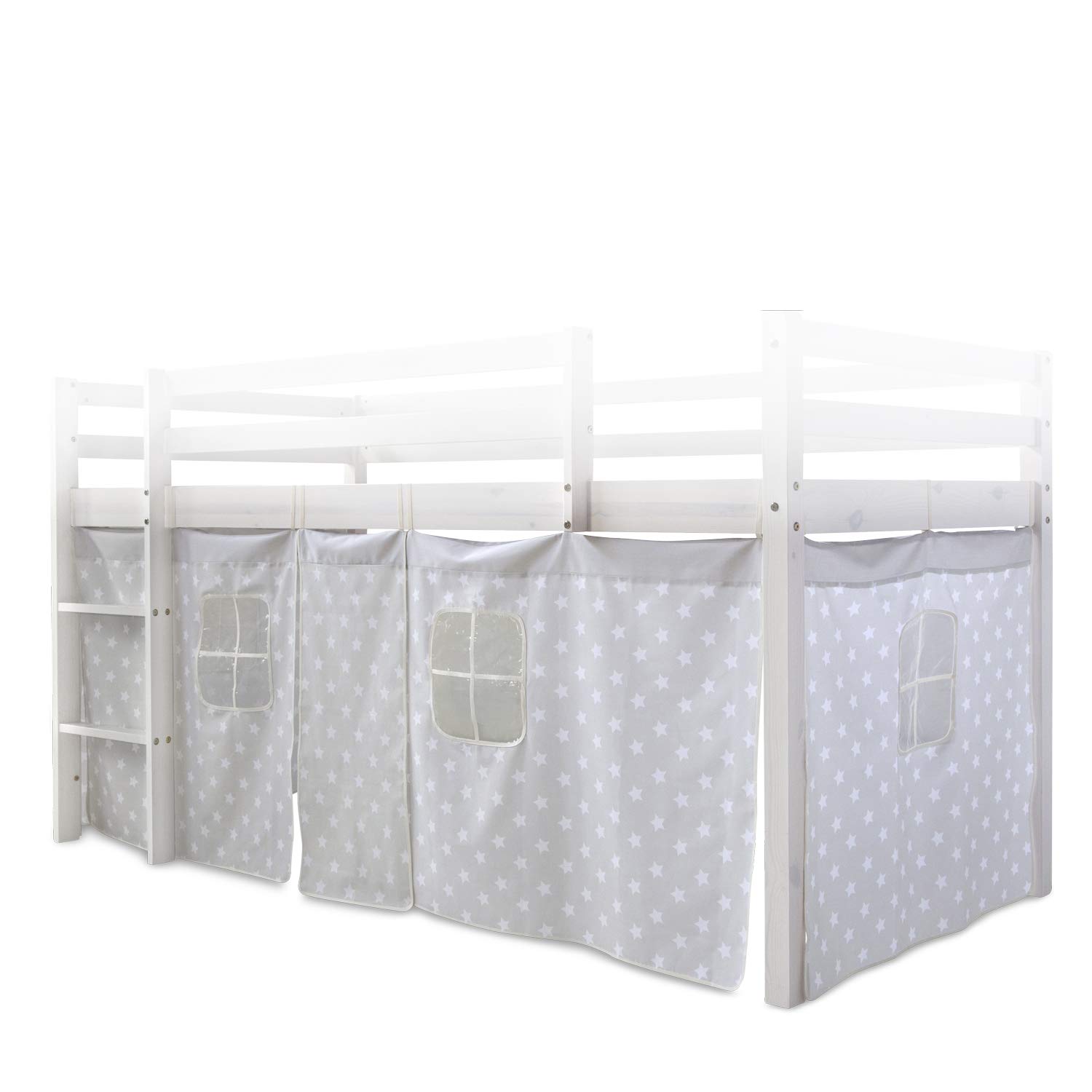 Homestyle4u Vorhang für Hochbett Sterne grau & weiß, Bettumrandung, Vorhang mit Fenstern Stoff 100% Baumwolle, Artikel 1877