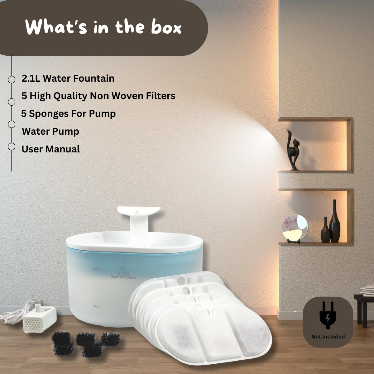 H&A PETCARE® Pet Water Fountain Advanced 2.1L BPA-Free, Cat Water Fountain For Drinking With 5 Filters - Image 2