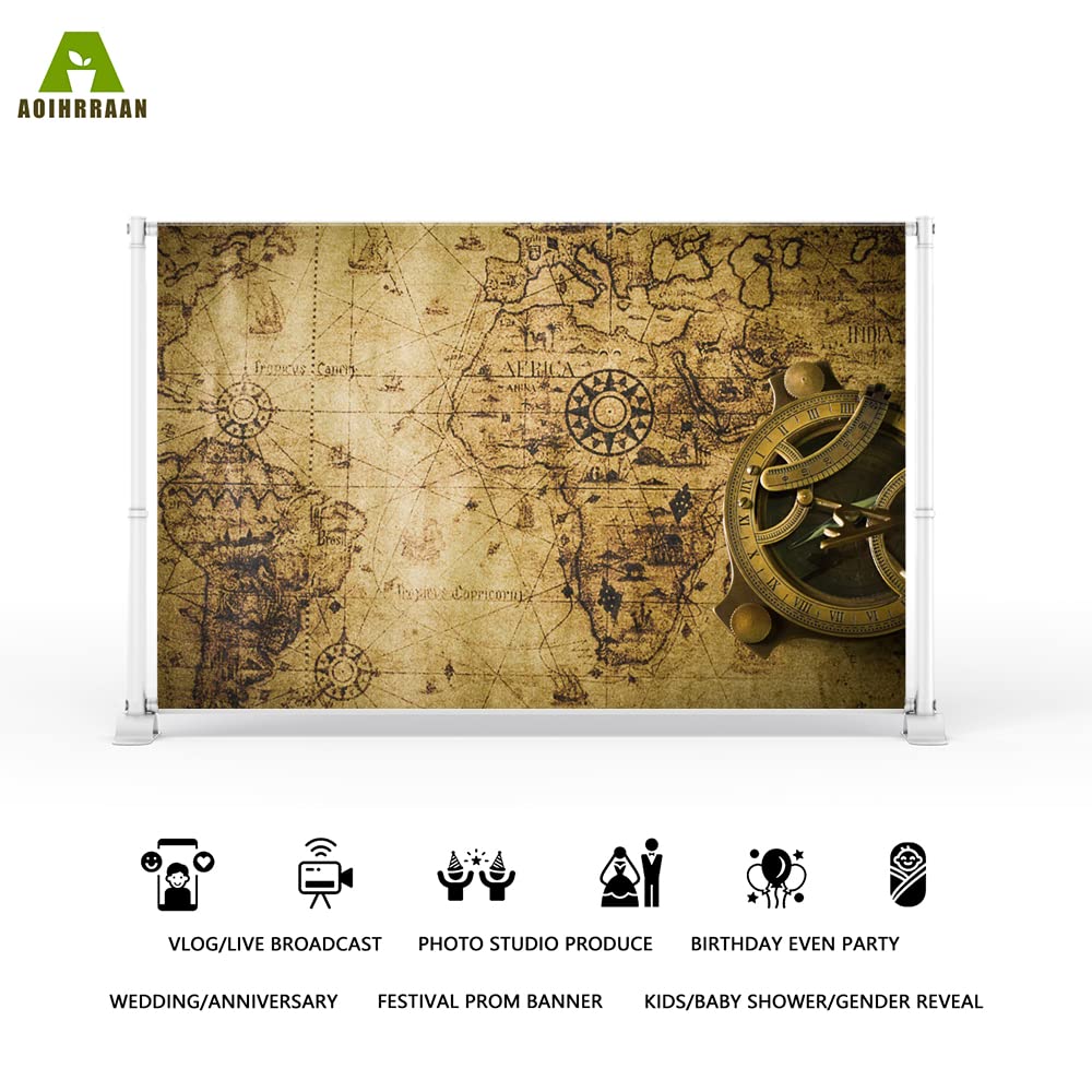 Aoihrraan 3x2m Antiguo Mundo Mapa Fondo Vintage Brújula Mundo Viajes Náutico Tema Fotografía Fondo Sala de Estar Habitación Papel Tapiz Película Brotes Personal Nostalgia Retrato Foto Accesorios