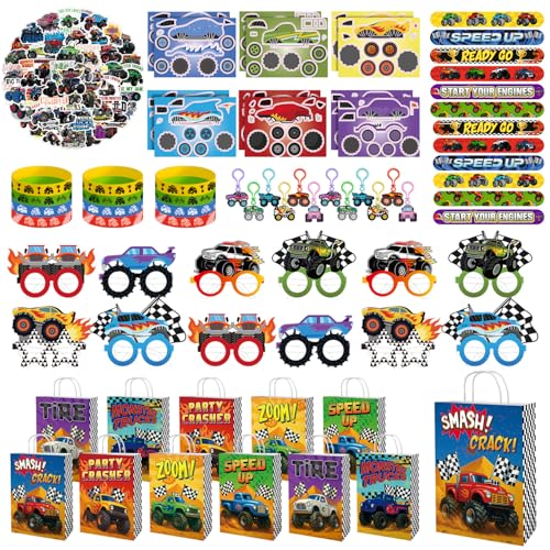 Actilize Monster Truck Party Favors for 12, Truck Birthday Party Supplies Include Goodie Bags, Bracelets, Keychains, Stickers, Paper Glasses, Off-Road Racing Theme Pinata Fillers Classroom Rewards