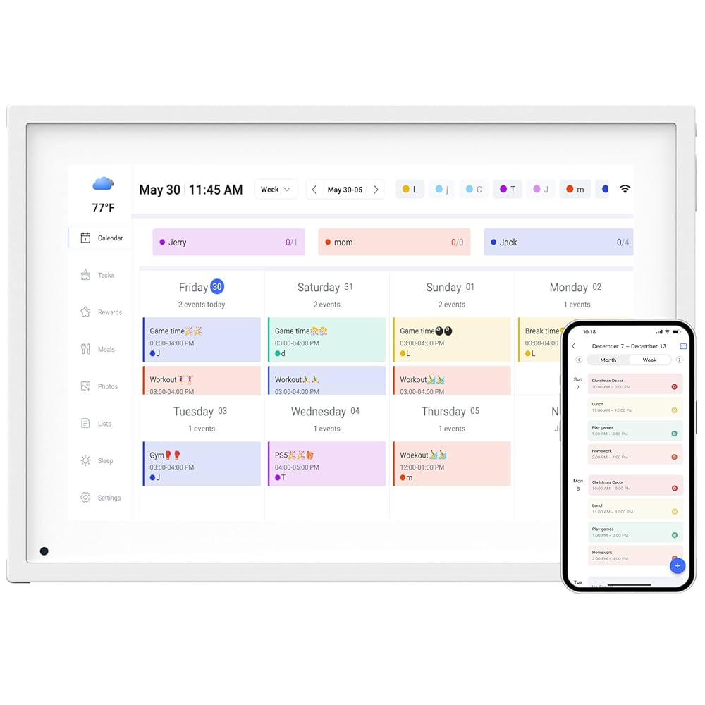 10.1 Inch Smart Digital Calendar Planner & Chore Chart, IPS HD Touchscreen Interactive Display, Smart Family Planner, Digital Picture Frame for Seamless Scheduling - Share Photos/Videos via App