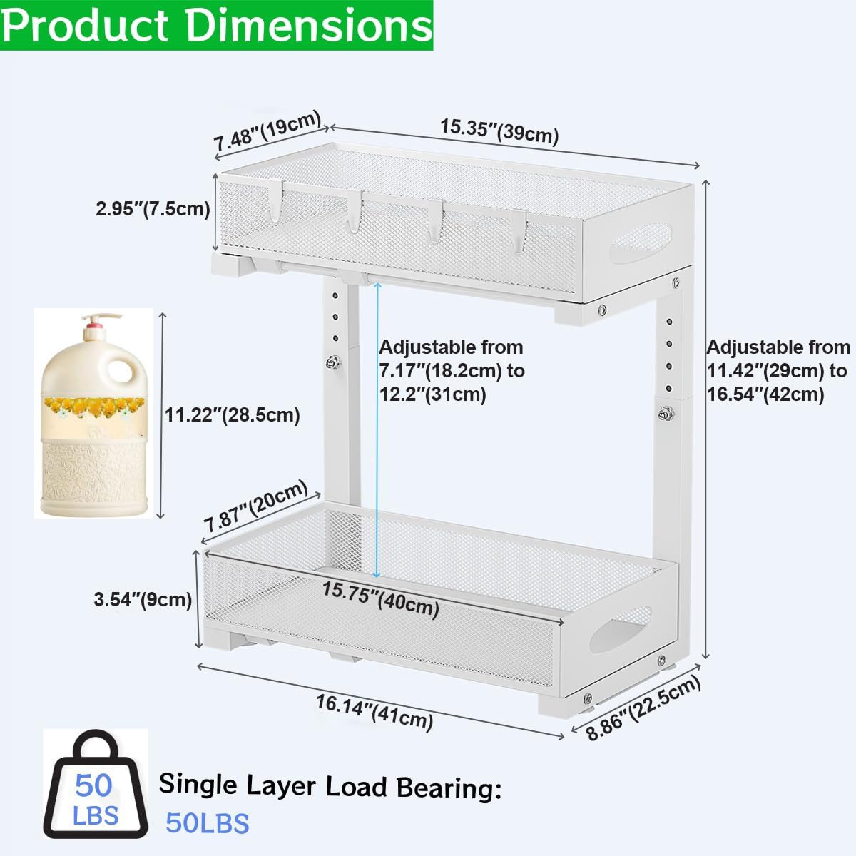 Under Sink Organizer 2 Tier, Pull Out Cabinet Storage with 5-Level Adjustable Height, Thickened Carbon Steel Sliding Under Cabinet Shelf for Kitchen, Bathroom, Laundry Room, White - Image 6