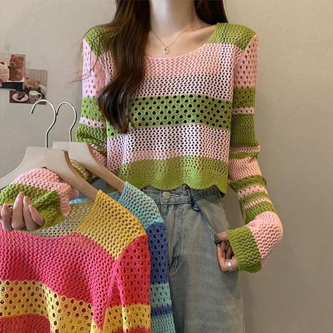 ICW Women Cotton Loose Fit Korean Style Knitted Sheer Crochet Long Sleeve Hollow Out Colour Block Print Crop Top T-Shirt Sweater (One Size Fit XS-S-M Bust 32-36 Inch) 29 (Neon Pink) - Image 2 thumbnail