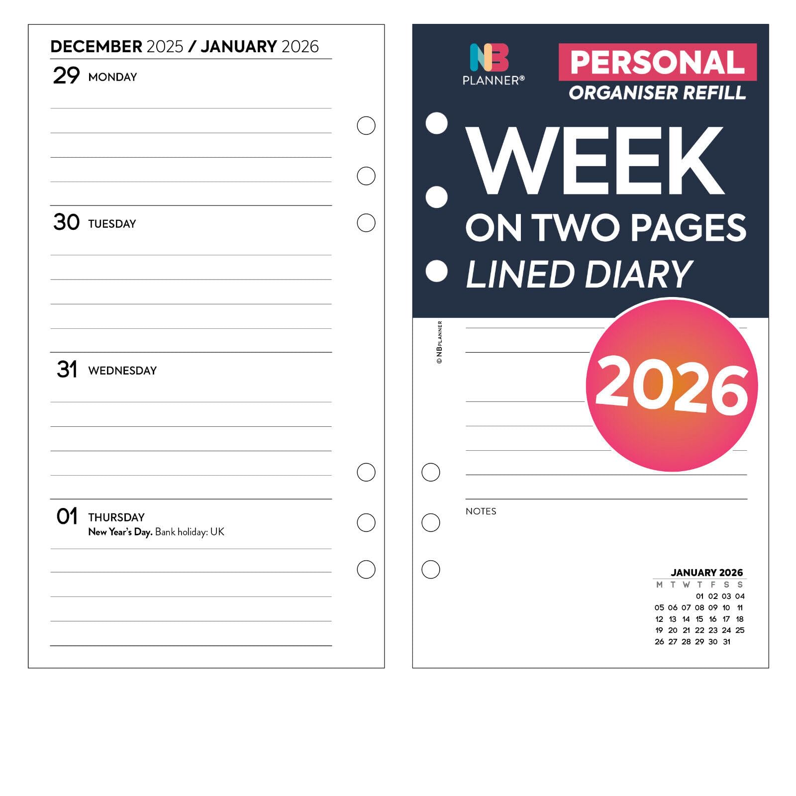 2026 Personal size week on two pages lined diary refill insert white | January 2026 – December 2026 | Compatible with Filofax personal size 6-ring organiser | 95 x 171 mm