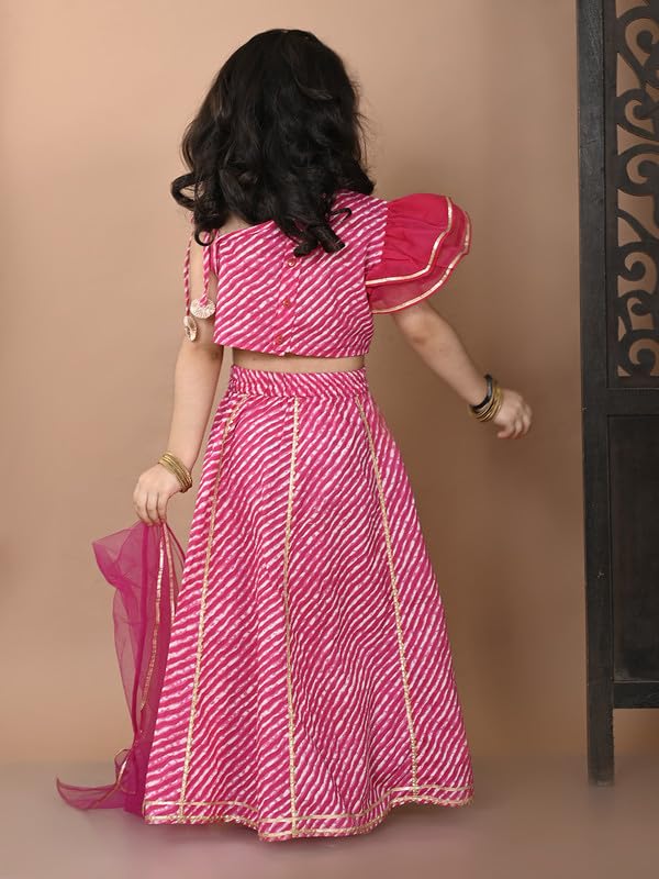 Image of superminis Girl's Cotton One Shoulder Lehariya Printed Readymade Lehenga Choli And Net Dupatta Set