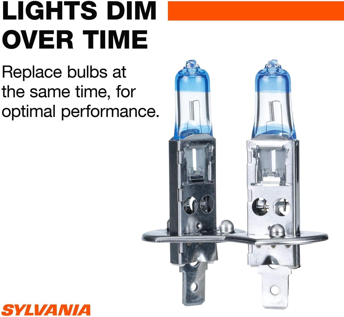 Two SYLVANIA H1 SilverStar Ultra bulbs with text 'LIGHTS DIM OVER TIME. Replace bulbs at the same time, for optimal performance.'