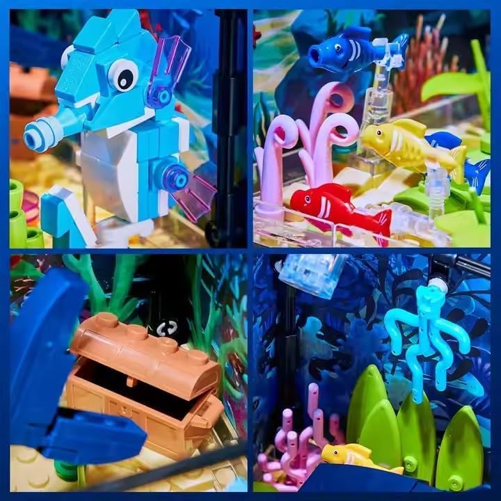 Image of SKY LINE OCEAN 755 pcs Aquarium Fish Tank Building Block Set with LED Lights, Rotatable Knob, Shark & Marine Life Toy for Kids Adults | 6 Months Structural Warranty