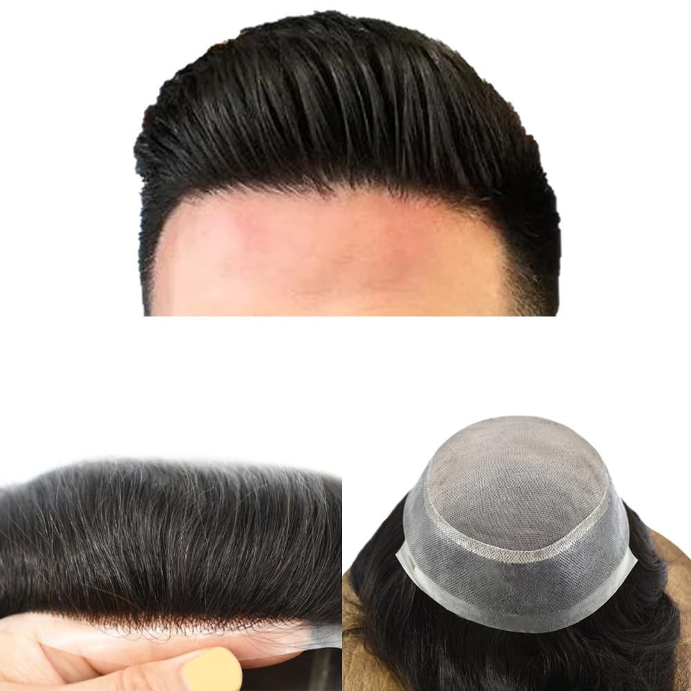 Toupee for Men Hair System Replacement Natural Black Mens Human Hair Piece Fine Mono Mens Toupee Clear Poly Skin Hairpiece Monofilament Wig 7"X9" #1B