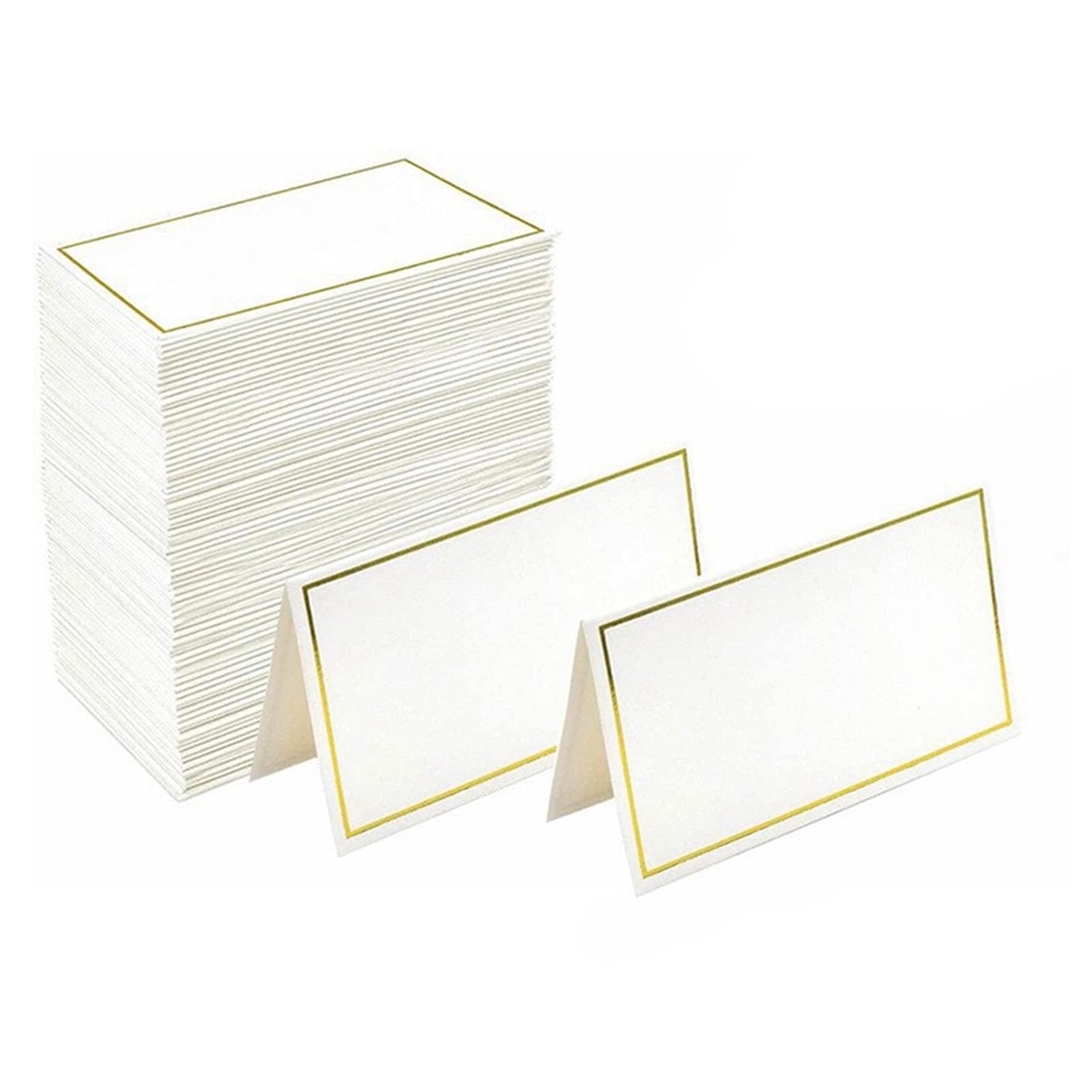 100 Pcs Table Place Cards, White Blank Name Cards with Gold Foil Border, 2” x 3.3” Folded Tent Card Table Place Cards, Wedding Place Cards for Weddings Banquets Events Table Setting