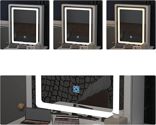 Miniatura 6 de Hitow Juego de escritorio de tocador con espejo deslizante, tocador de maquillaje con cajón y estante, tocador con taburete de cojín, juego de