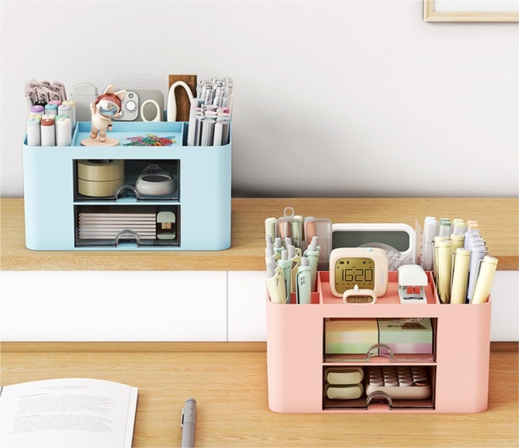 Organizzatore Scrivania Organizer da Scrivania con 2 Cassetti in Plastica Tavolo, Portapenne, Portacarte, Scatola Portaoggetti per Forniture Ufficio Ufficio(B)