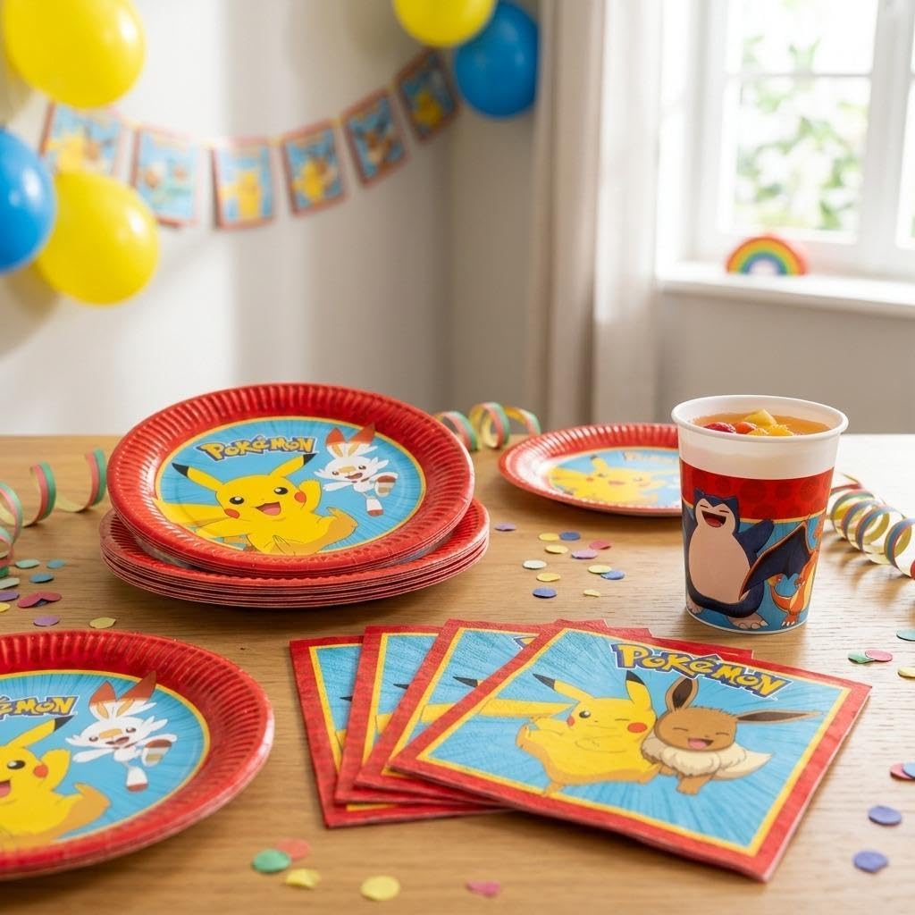 Kit Compleanno Pokemon per 24 Persone - Set Festa (24 Piatti, 24 Bicchieri, 40 Tovaglioli, 8 Palloncini, 1 Tovaglia, Festone, Bandierine) - Addobbi Tema Pokemon per Bambini