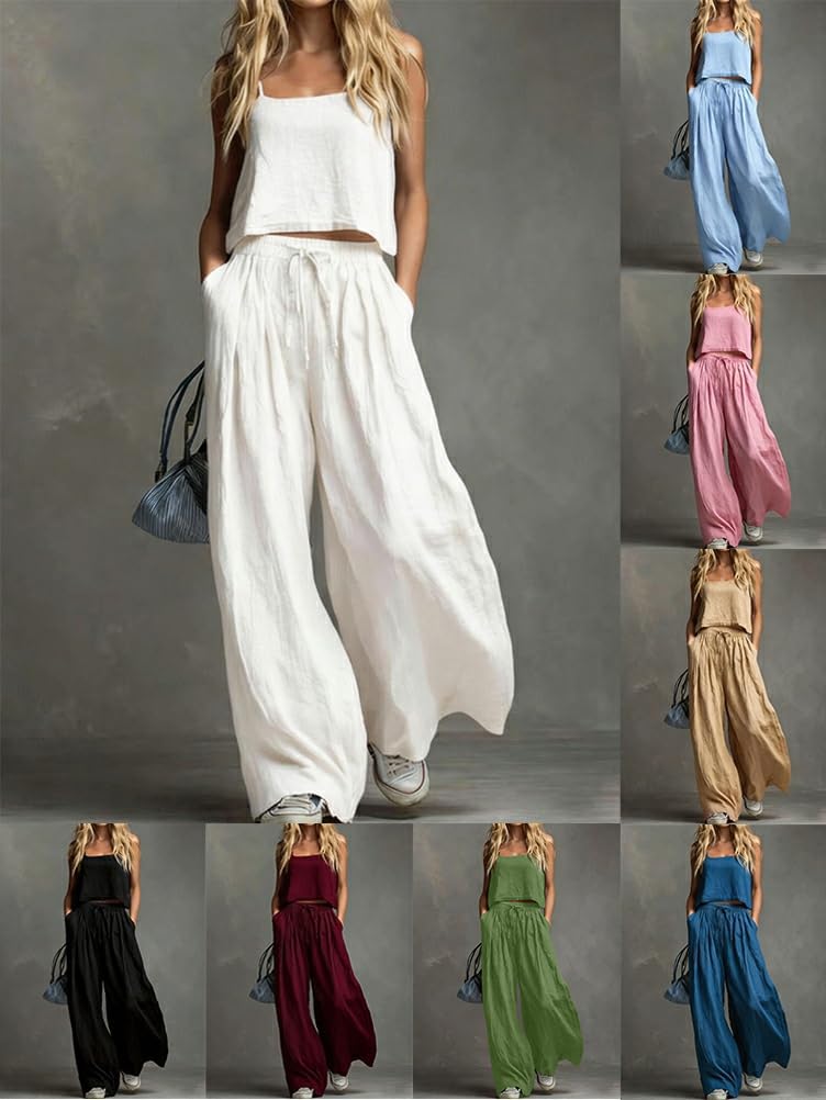 shownicer Ensemble Femme Coton et Lin Tenue 2 Pièces sans Manche Tops Et Pantalon Ensembles en Lin Décontractée Ete Tenue