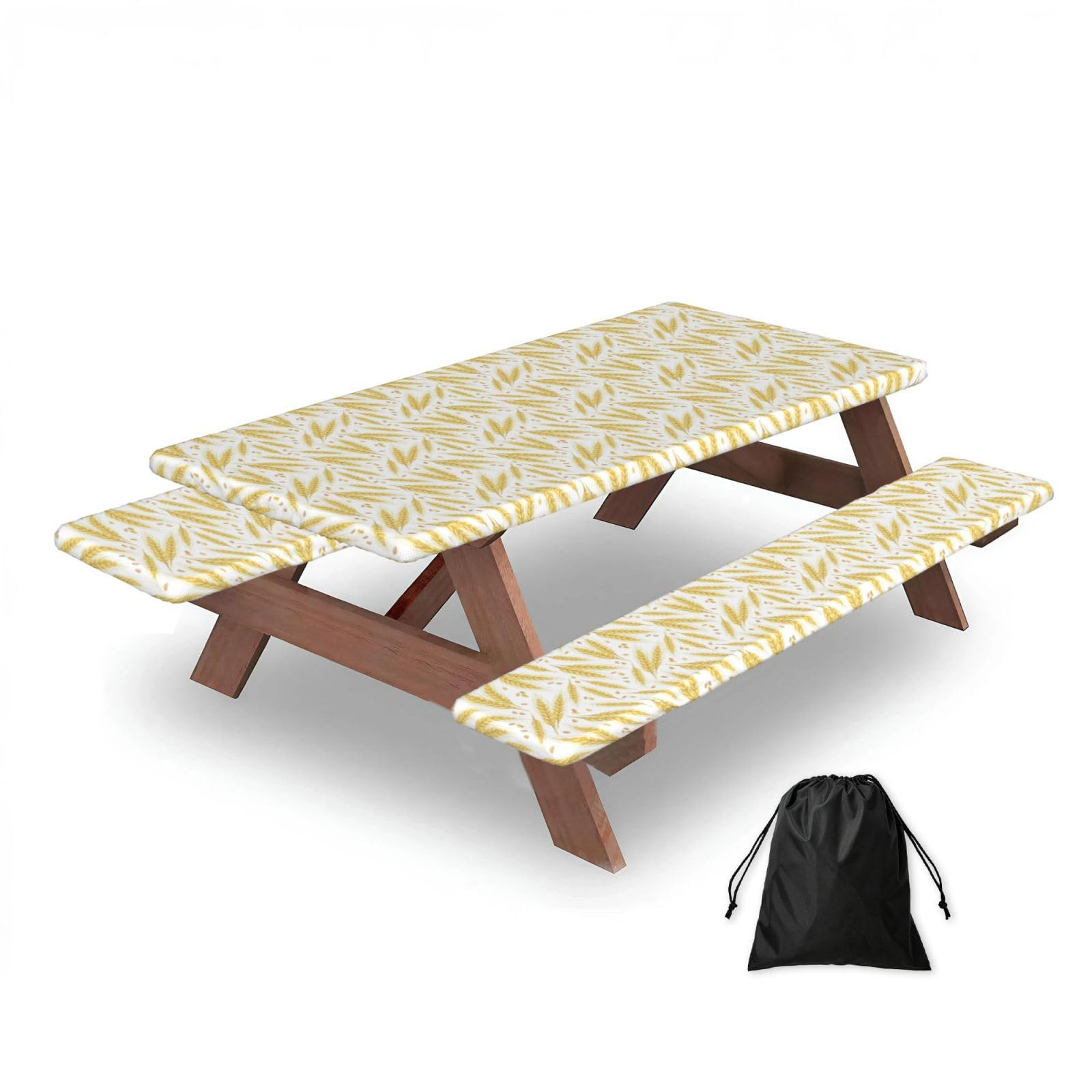 Dopklna As Picture Gold Ears Of Wheat And Grains, Picnic Table Cover With Bench Covers -Waterproof Elastic Fitted Tablecloth For Garden Camping Patio 76X152cm