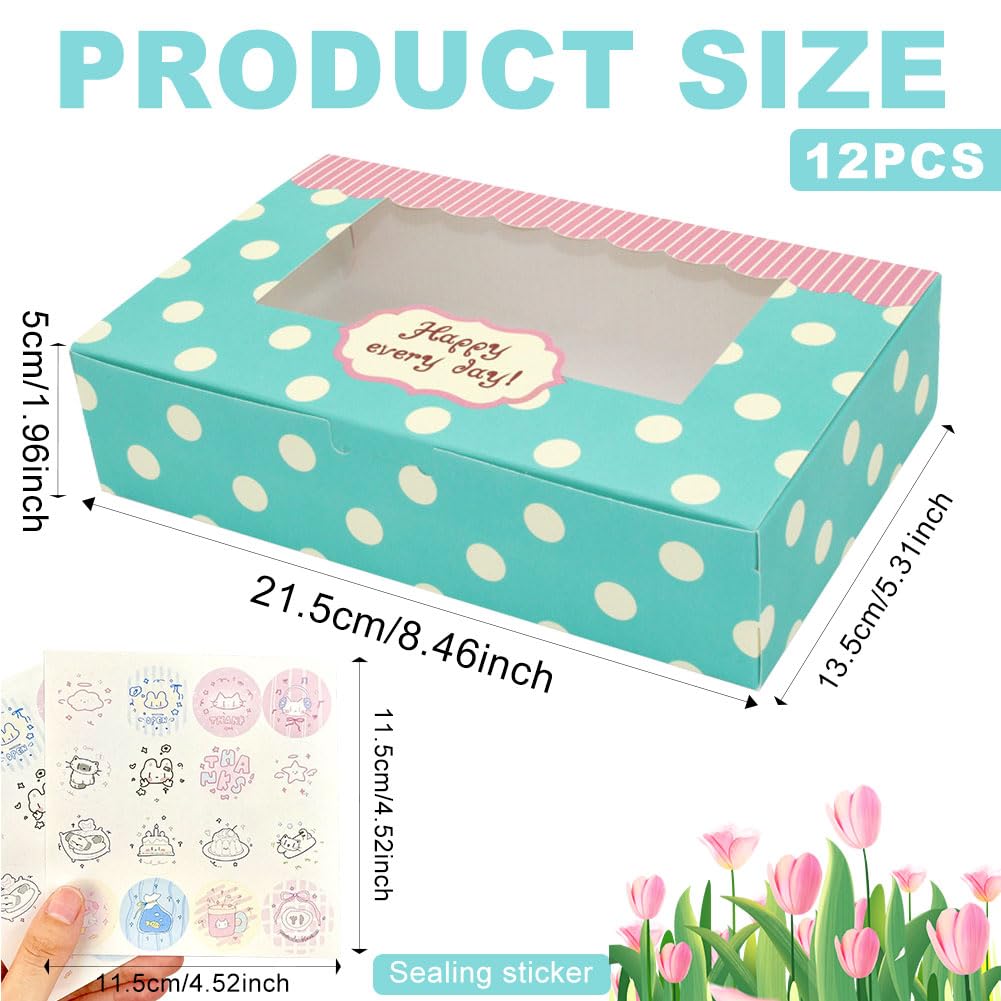 12 sztuk pudełek na słodycze z okienkiem 8,5”*5,5”*2” Pudełka na ciastka i babeczki z okienkiem i naklejkami Papierowe pudełka do pakowania wypieków piekarniczych, pączków, herbatników (B)