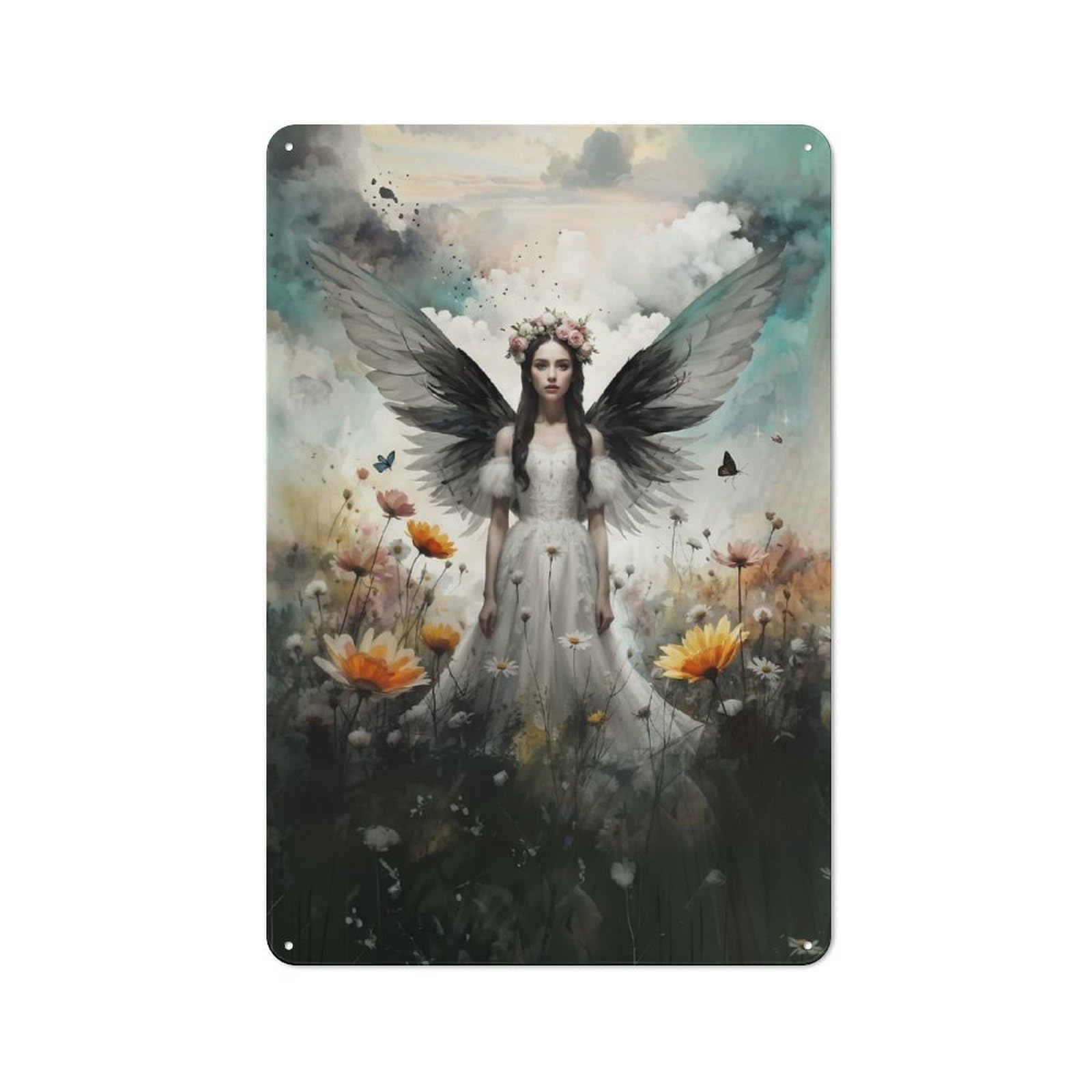 Junmoney Angel In Flower Field For Garden Room Or Summerhouse, Rustic Tin Sign 30X20cm, Wall Decor For Garden Rooms And Summerhouses