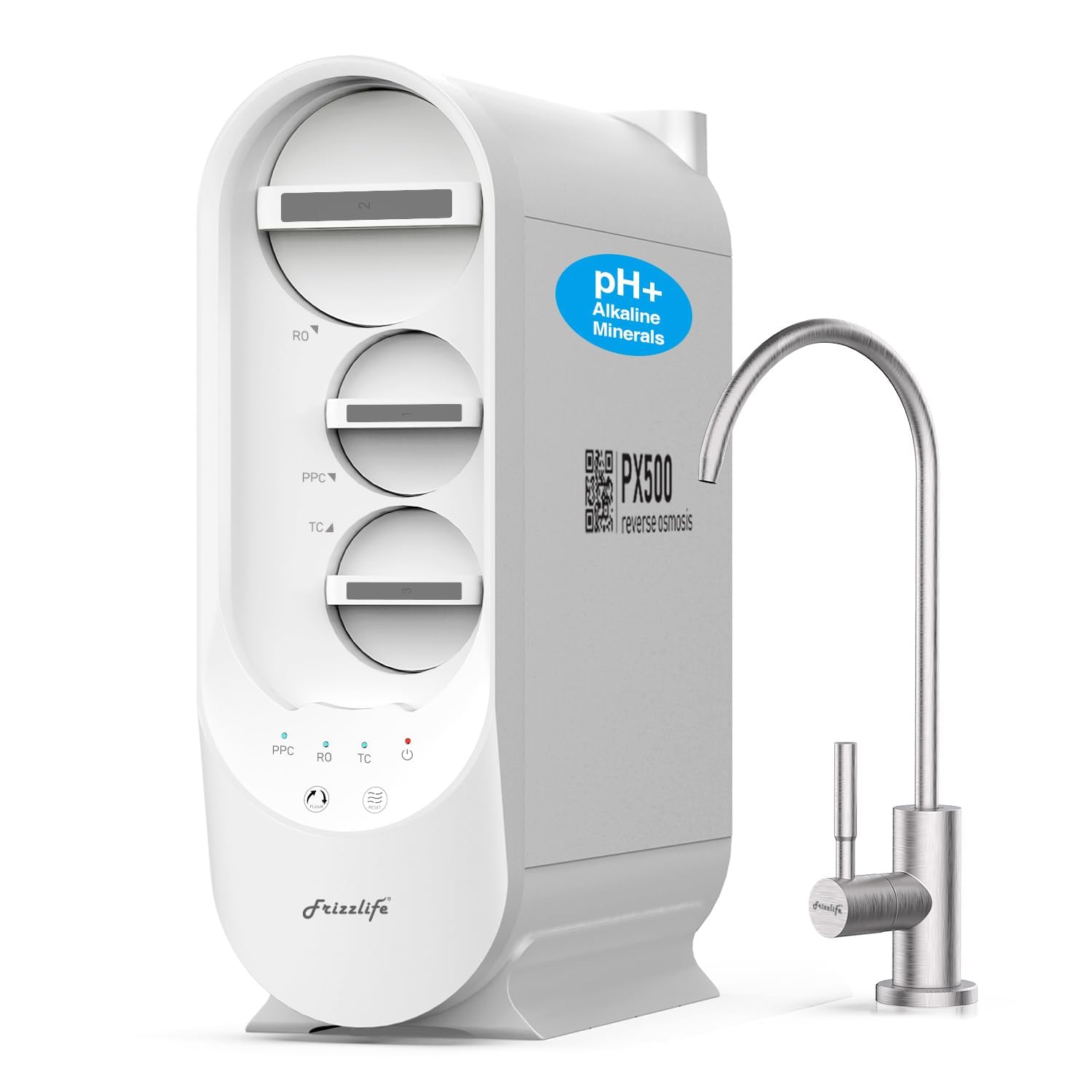 Frizzlife PX500-A Sistema di filtraggio dell'acqua ad osmosi inversa, alcalino e rimineralizzato, senza serbatoio, filtro RO da 500 GPD, rapporto di scarico 1:1,5, rubinetto in nichel spazzolato