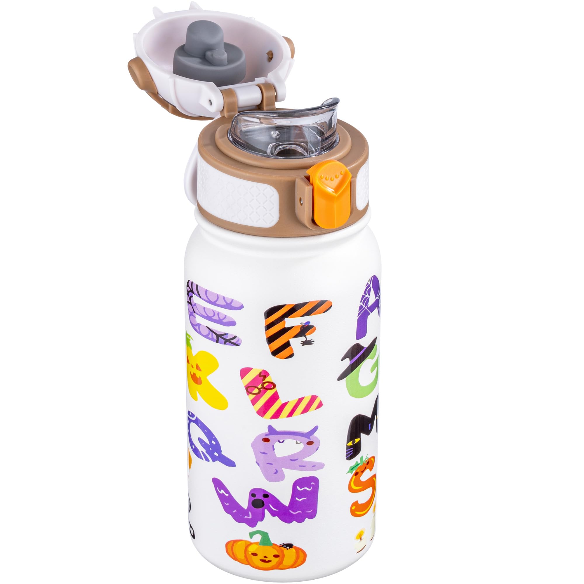 OLDLEY Trinkflasche Kinder 350ml,Edelstahl Trinkflasche, Auslaufsicher,Kleine Flasche mit Griff,Jungen Mädchen Kinder(Alphabet)