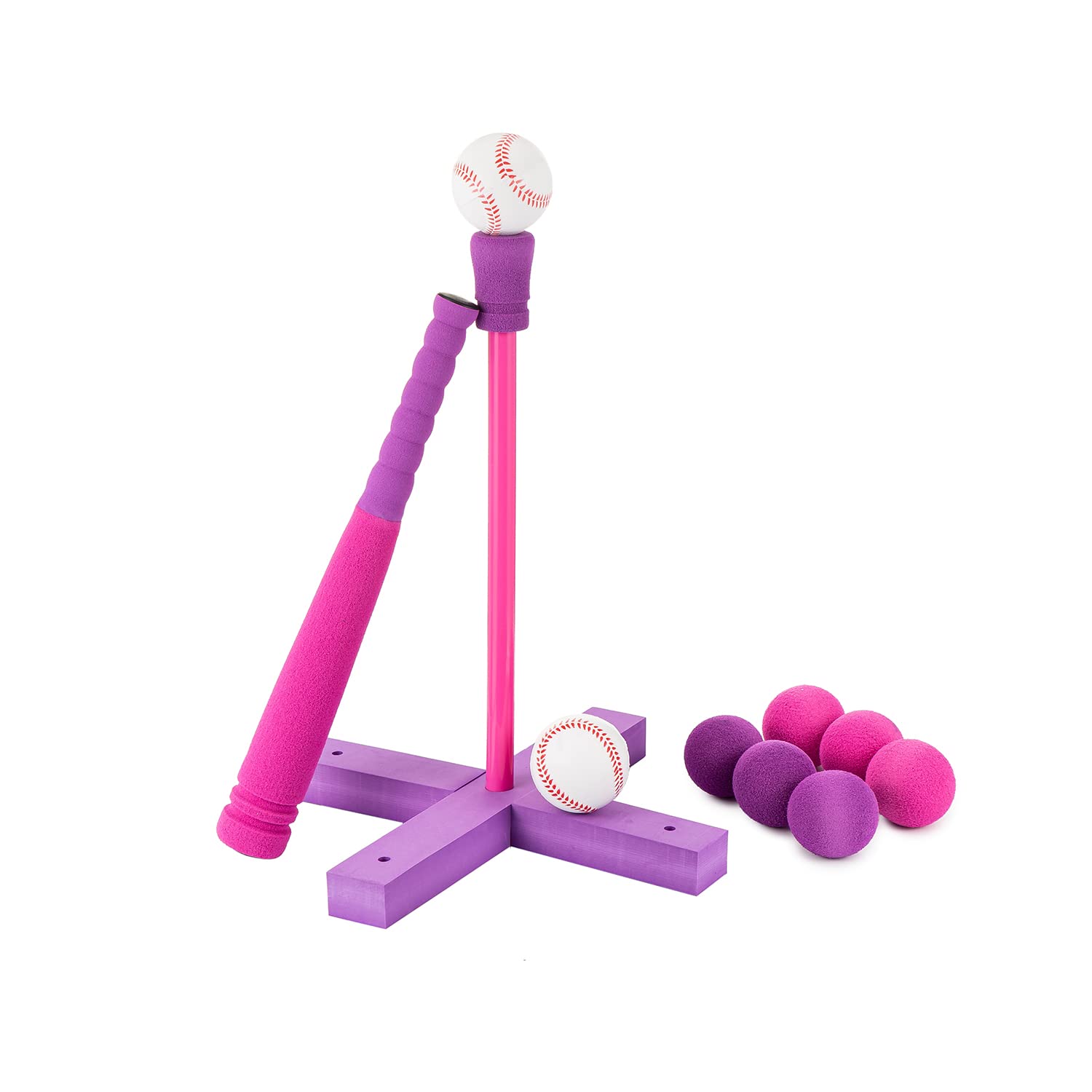 CeleMoon 16 Inch Kids Soft Foam T Ball Baseball Set Toy, 8 Different Colored Balls, Carry Bag Included, Gfit for Kids Girls 3 Years Old, Pink