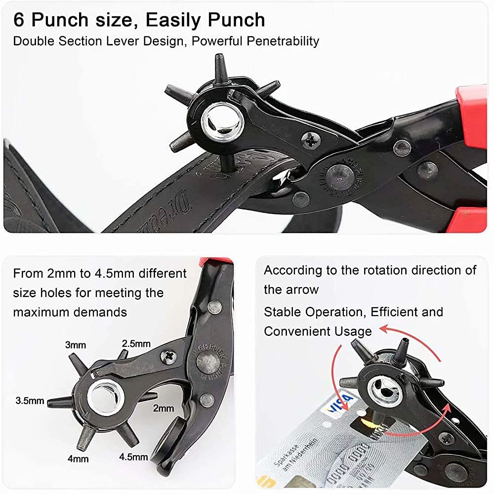 Leather Hole Punch, Heavy Duty Revolving Plier Tool with Extra Plates and Ruler - Image 4