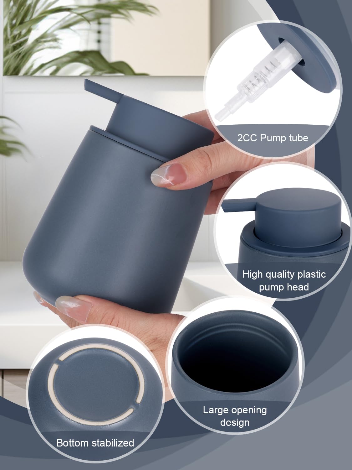 INGOFIN Dispenser per lozione in ceramica, 350 ml, ricaricabile, dispenser di sapone liquido da bagno, moderno dispenser di sapone liquido con pompa, dispenser di sapone per piatti per cucina, blu