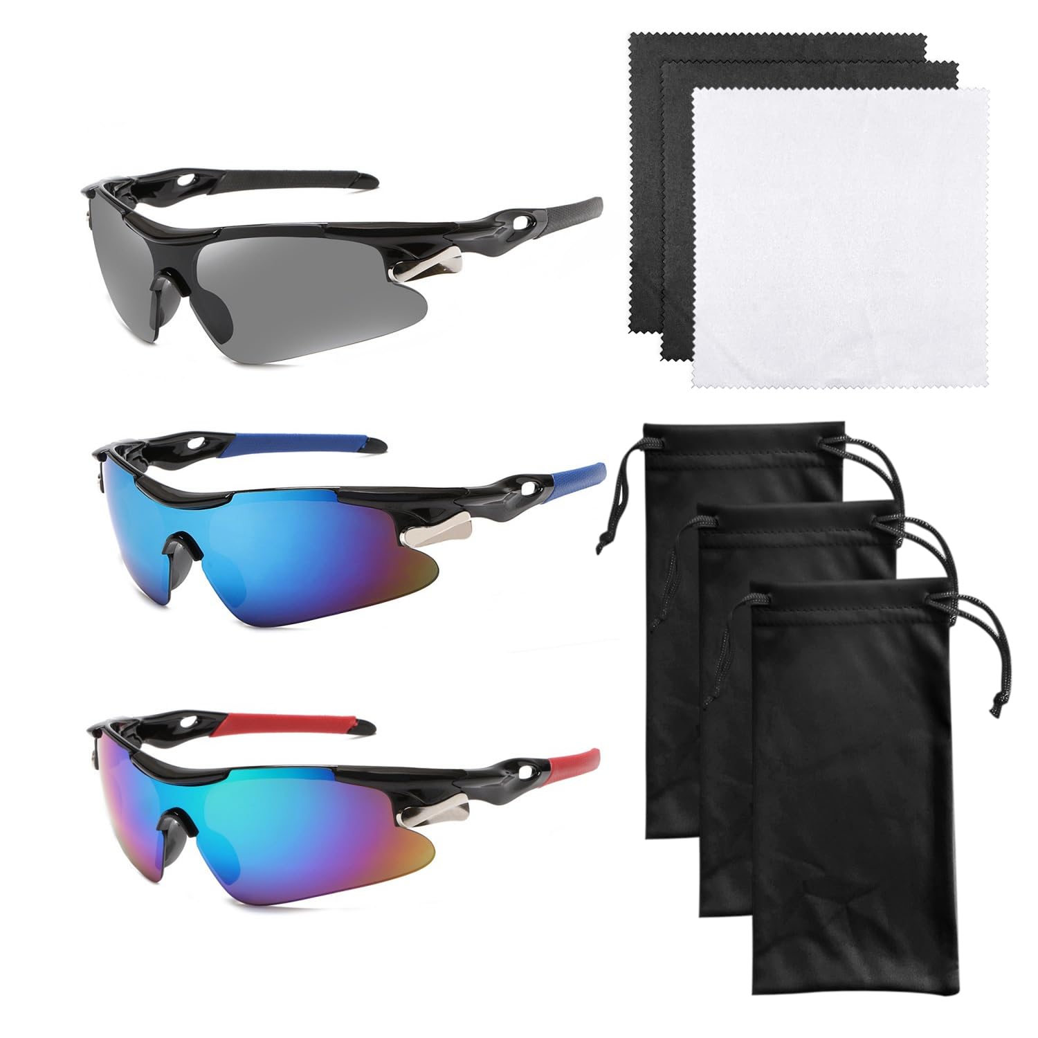 3 lentes de sol deportivos con 3 bolsas de gafas, con 3 piezas de tela de gafas, gafas de ciclismo a la moda resistentes al viento, gafas polarizadas con protección UV, adecuadas para pesca de ocio,