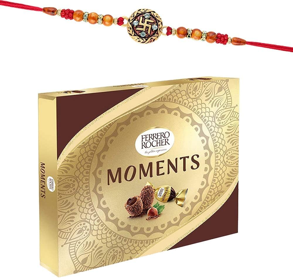 Astonished Retail Ferrero Rocher Moments Chocolate Hamper | Swastik Design Rakhi Chocolate for Brother | Rakhi Chocolate Hamper | Roli, Chawal, Chandan, Misri | 301