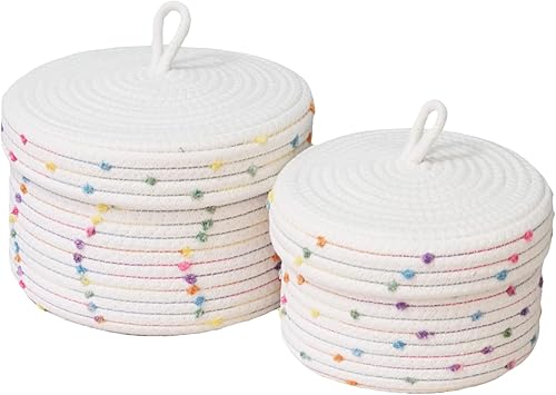 Aplolemo Cesta de cuerda de algodón con tapa, cestas tejidas decorativas con tapas, cesta pequeña con bonito pompón colorido, cestas de