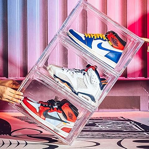3 Pack Shoe Boxes Clear Shoe Box Plastic Shoe Display Box Organizer Large Shoe Container 14.6''x8.3''x10.2''Magnetic Side Open Stackable Shoe Boxes (Transparent) Cover