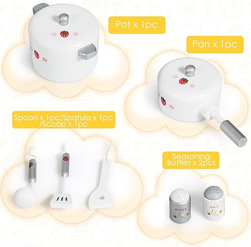 Miniatura 4 de Mayjooy - Juego de cocina para niños, cocina de madera con 7 utensilios de accesorios, pizarra, fregadero, estufa, fregadero, gabinetes, nevera,