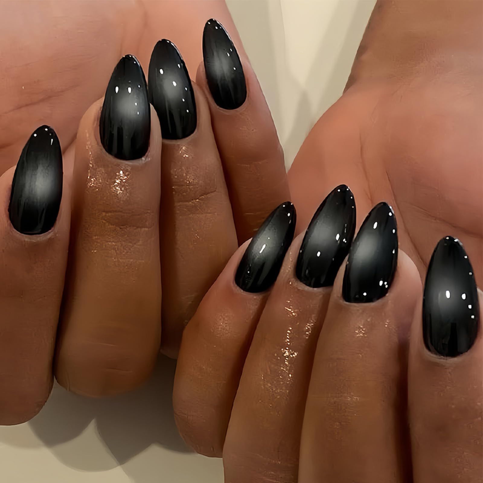 24-Pack Almond Press On Nails, Medium Length Stick On False Nails, Black Gradient French Halloween Design