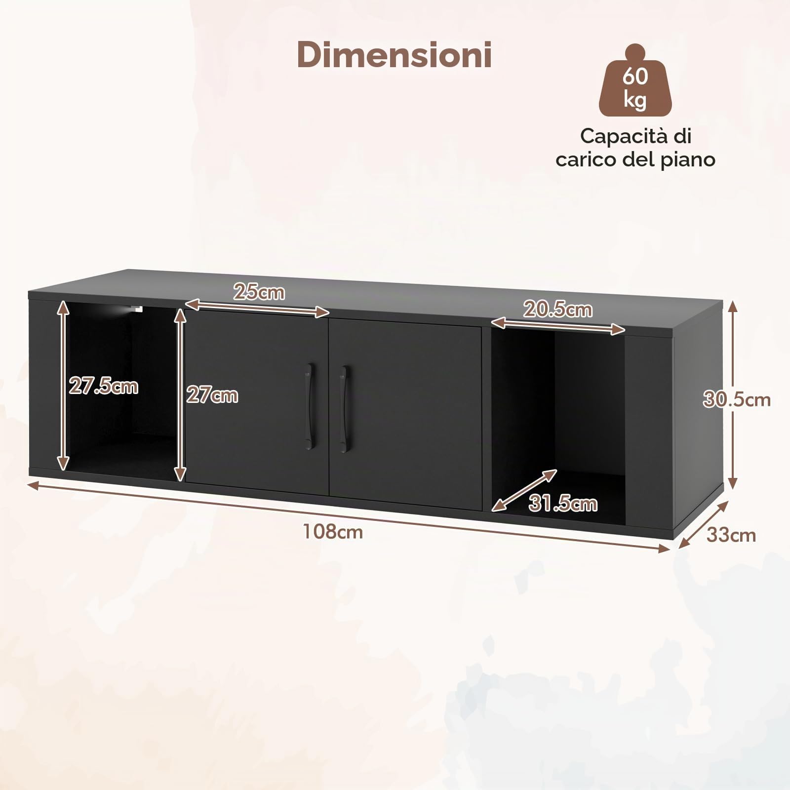 GIANTEX Mobile per TV sospeso con armadio, armadio con ante e ripiani aperti, supporto da parete, armadio da bagno, moderno, per soggiorno, camera da letto, ufficio, 108 x 33 x 30,5 cm (nero)