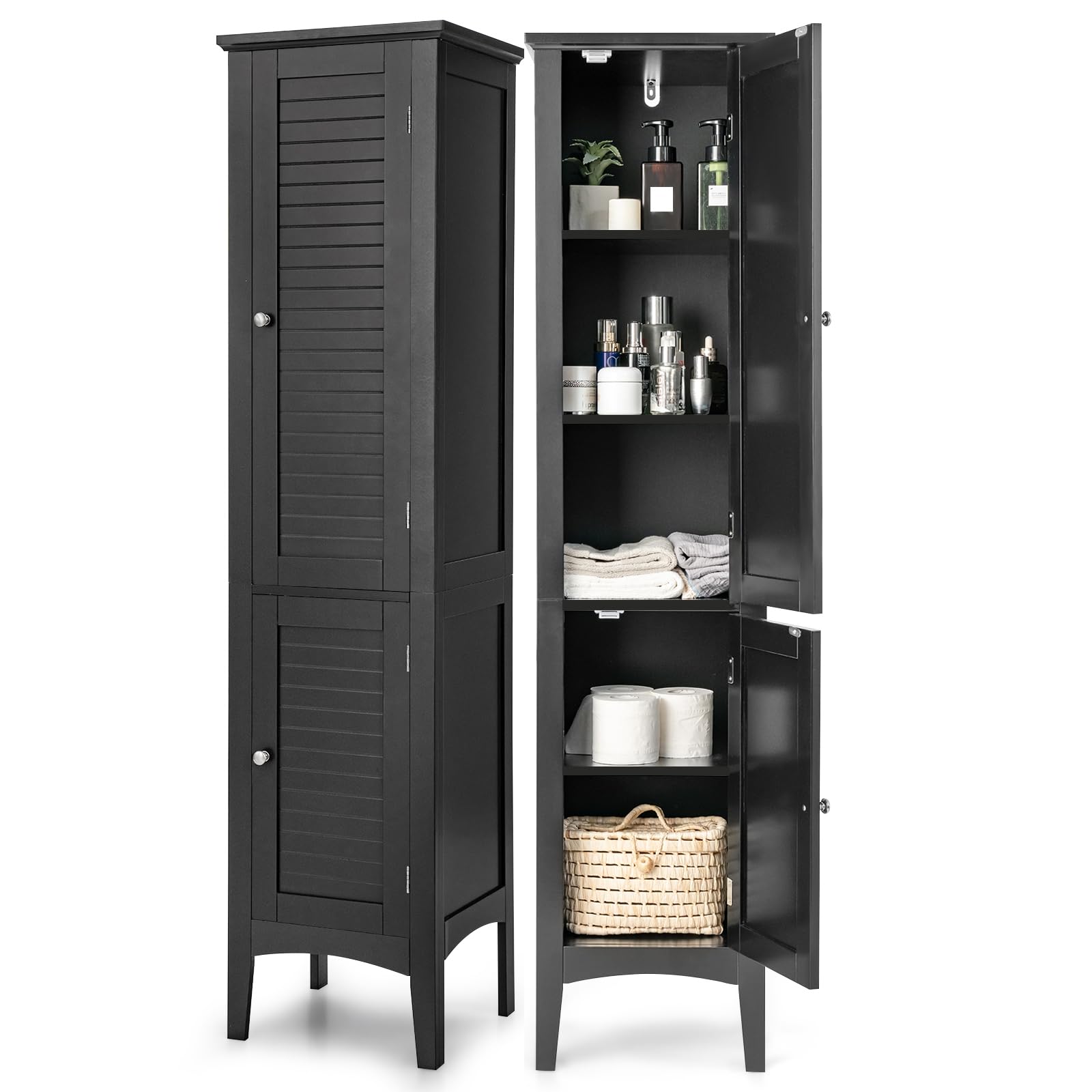 COSTWAY Armario Baño, Armario Baño Columna de 5 Niveles, Mueble Baño, 2 Puertas, 38 x 38 x 160 cm (Negro)