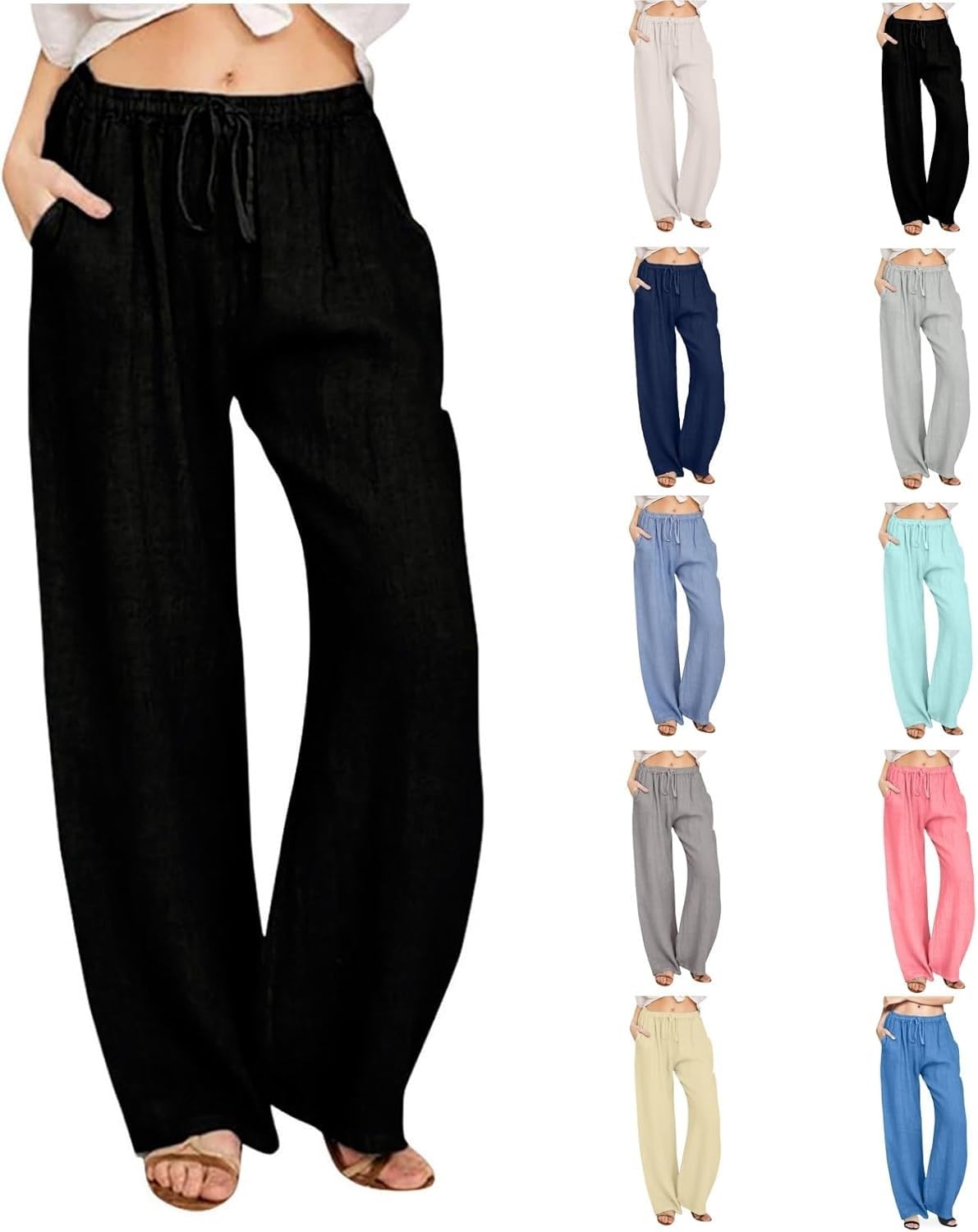 KHIRVWL Pantaloni Lino Donna Pantaloni Larghi Donna Estivi Casual Leggeri Elastico in Vita Elegante Baggy Pants Pantalone da Spiaggia Sportivo Lavoro Vita Alta Pantalone con Coulisse Gamba Larga