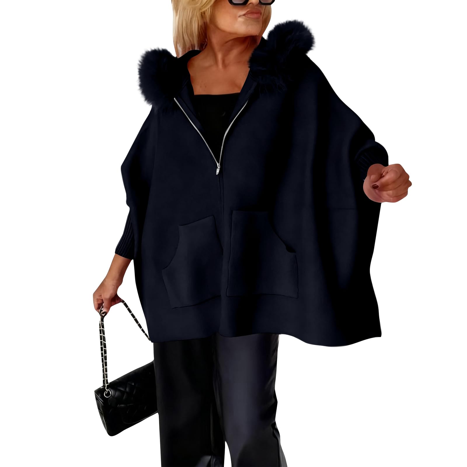 FlekmanArt Womens Oversized Knit Poncho Fur Collar Faux Suede Lightweight Jacket Long Sleeve Lapel Coat Open Front Cardigan