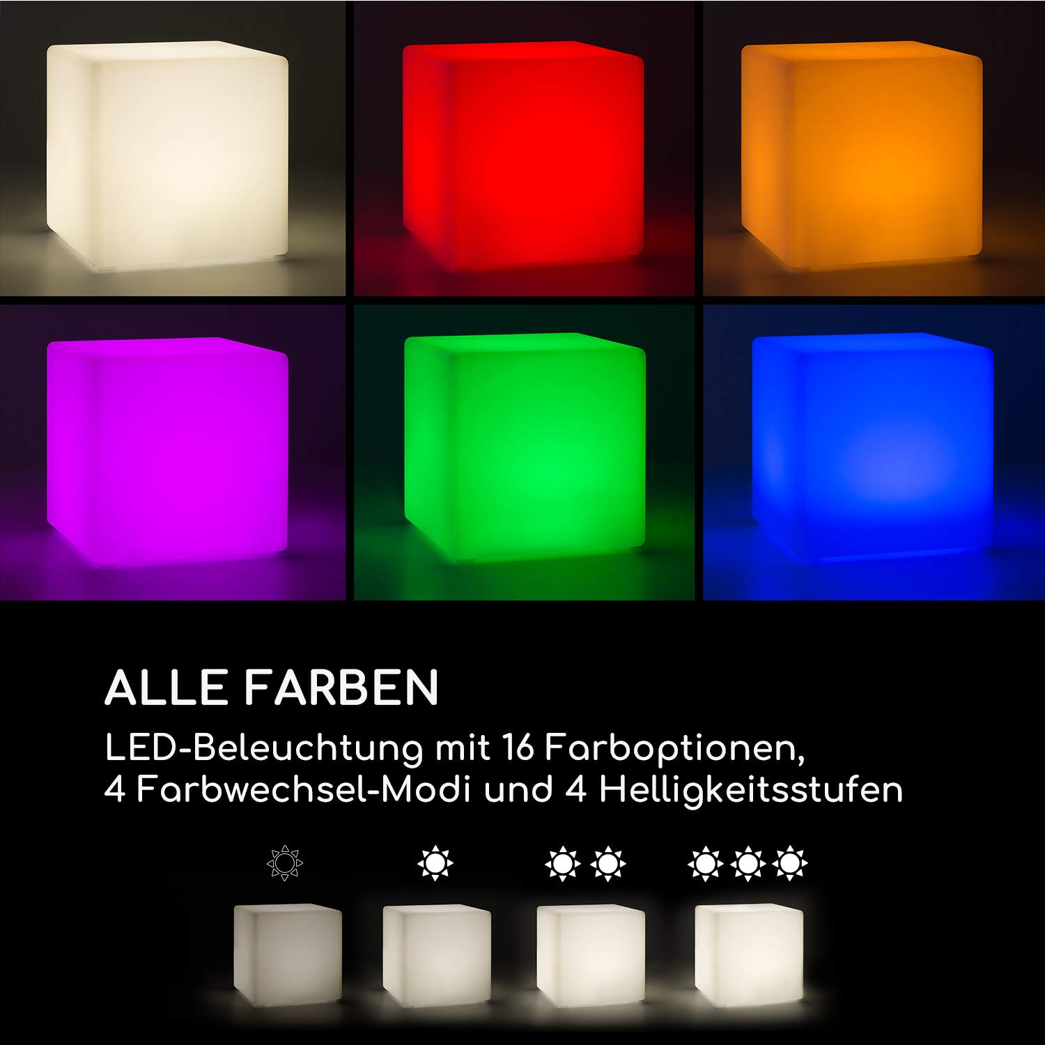 Blumfeldt Shinecube XL Gartenlampe mit LED-Beleuchtung in 16 Farben, Größe: 40 x 40 x 40 cm, Licht-Modi: Strobe, Flash, Fade, Smooth, wasserdicht, Fernbedienung, Akku, In-/ Outdoor, Material: PE, weiß