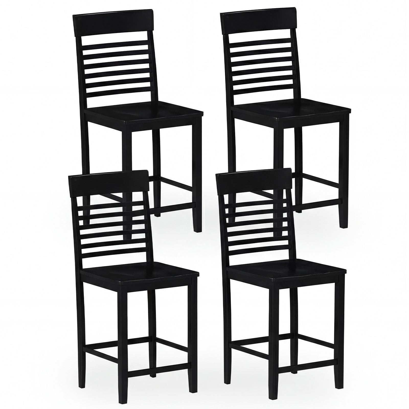 GIANTEX Counter Height Bar Stools Set of 4, 24 Inch Wooden Farmhouse Bar Chairs w/Slatted Back, Footrests, Solid Wood Barstools for Kitchen Island, Dining Room, Pub, Black