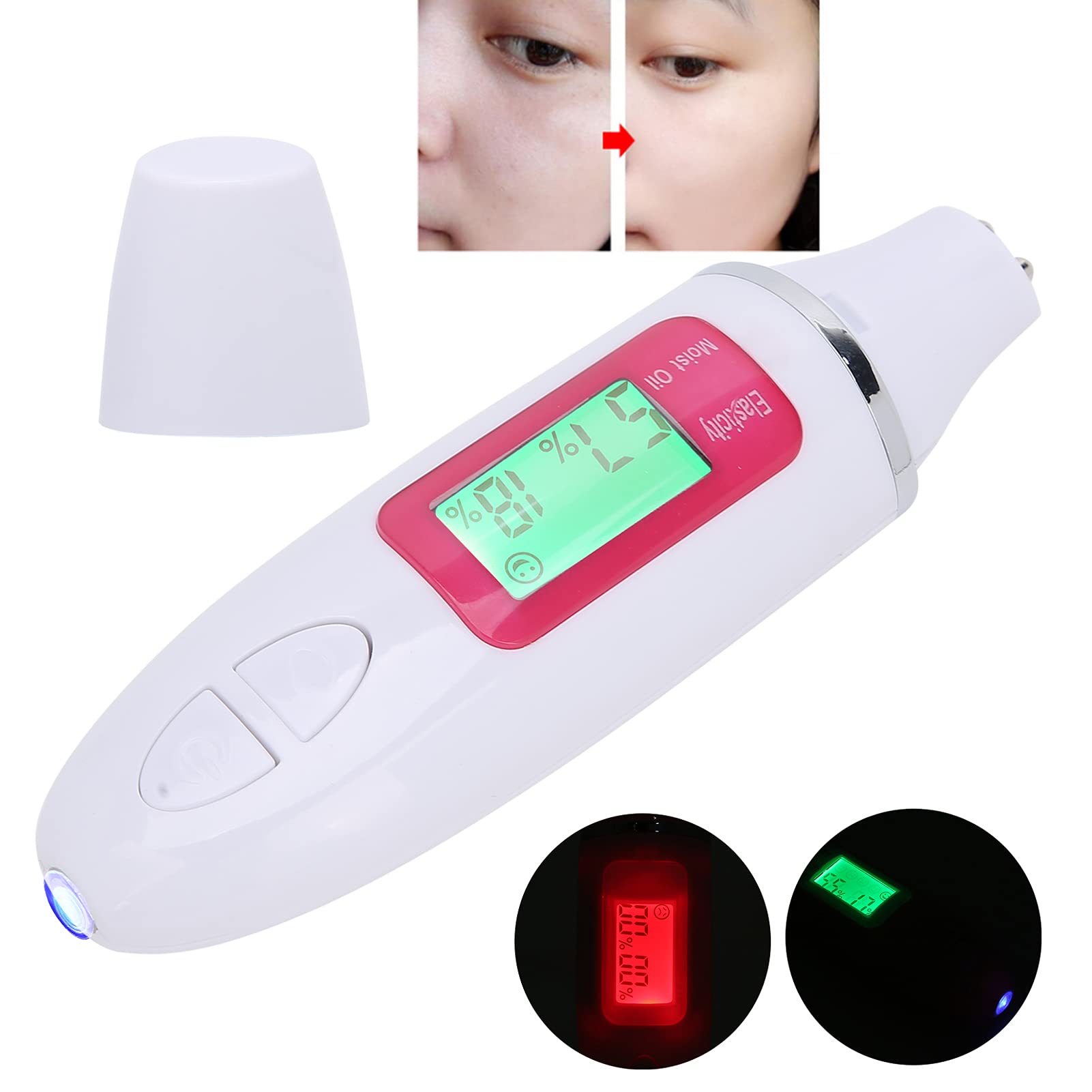 Testeur d'humidité de la peau, testeur d'humidité de la peau, écran LCD, analyseur de capteur d'huile et d'eau pour la peau du visage (blanc)