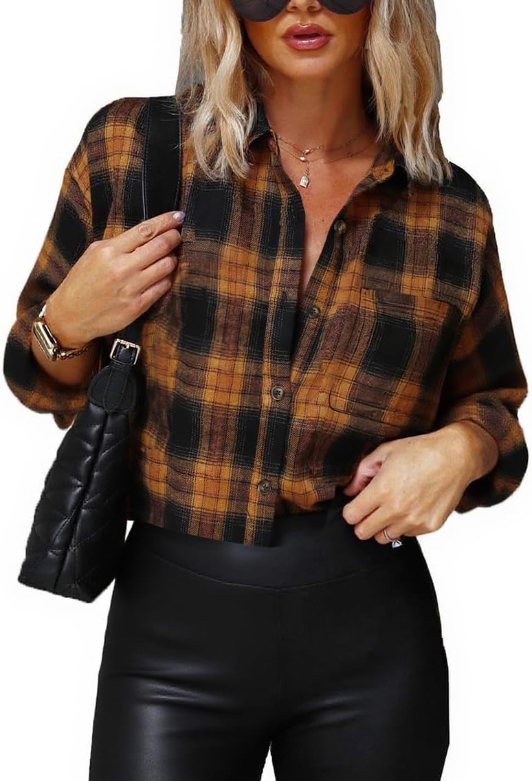 Lacozy Cropped Flannel Shirt for Women Button Down Plaid Cropped Shirt Casual Long Sleeve Crop Blouses Spring Fashion